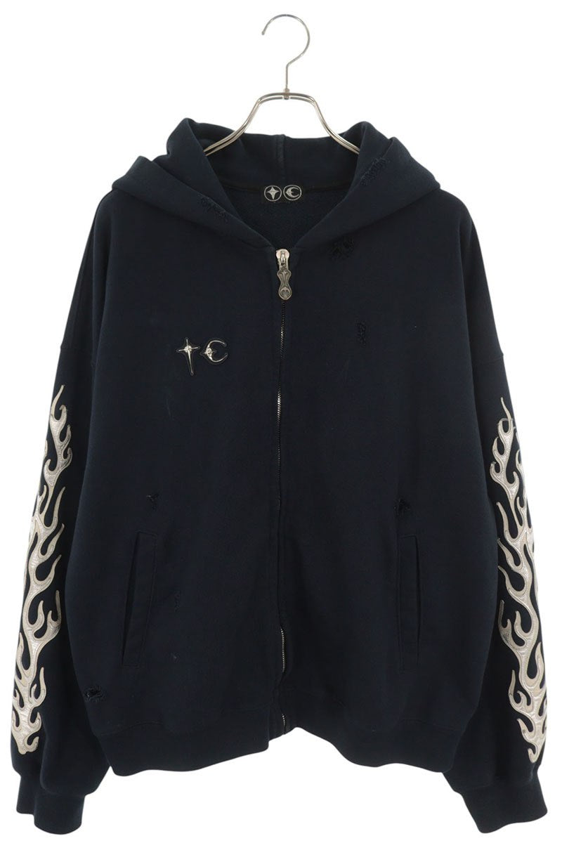 THUG CLUB 25SS Leather Flame Zip Hoodie Navy Size 4