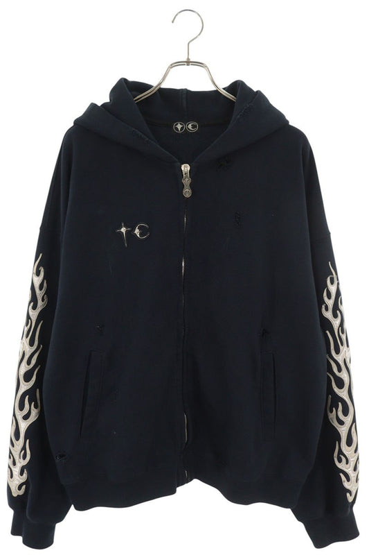 THUG CLUB 25SS Leather Flame Zip Hoodie Navy Size 4