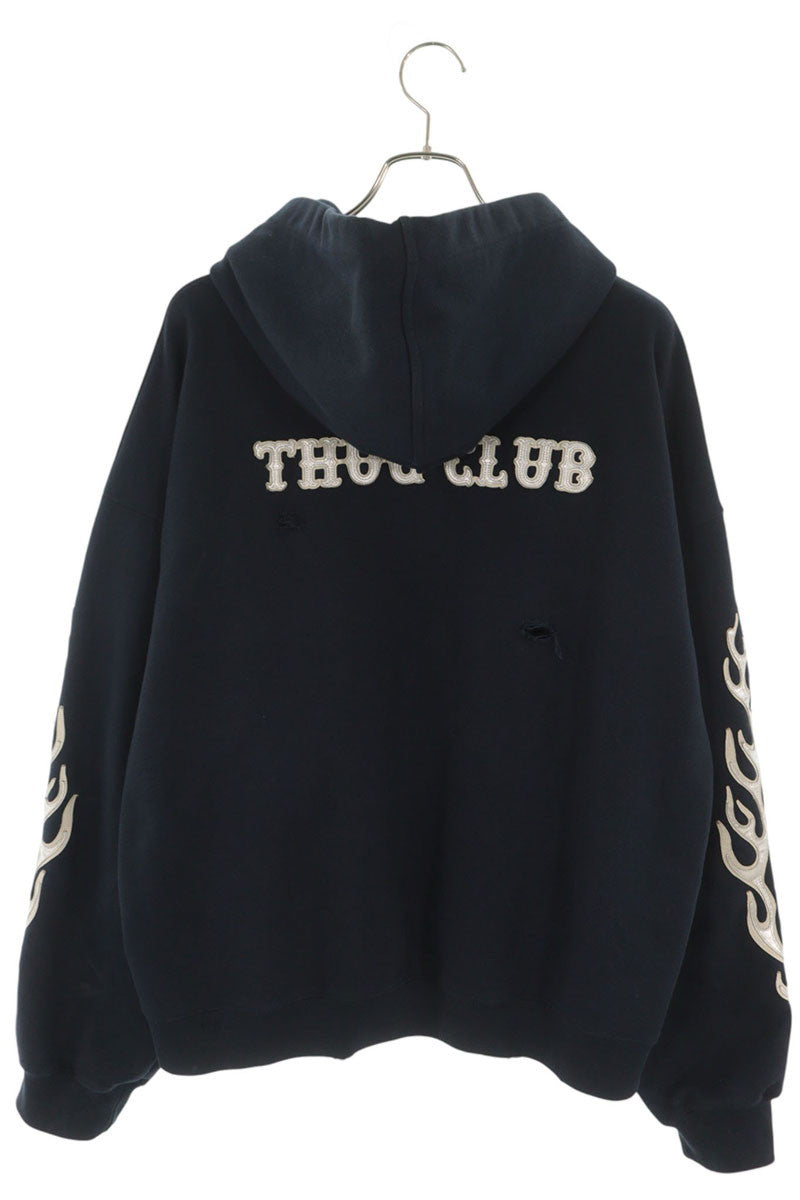 THUG CLUB 25SS Leather Flame Zip Hoodie Navy Size 4