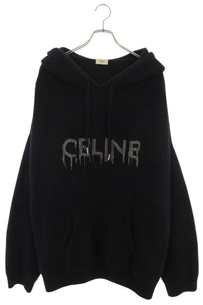 CELINE Chain Logo Knit Hoodie Black Size XL