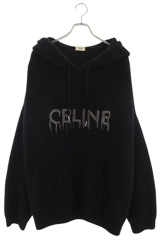 CELINE Chain Logo Knit Hoodie Black Size XL