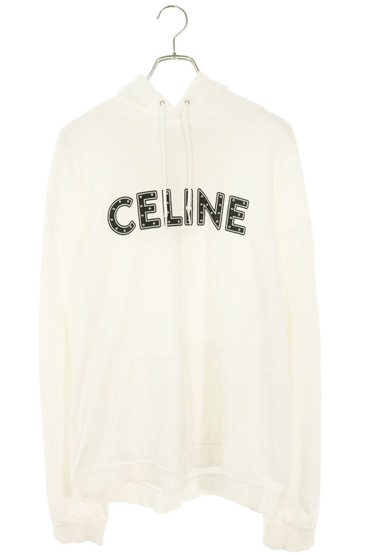 CELINE Studded Logo Cotton Hoodie White Size XXL