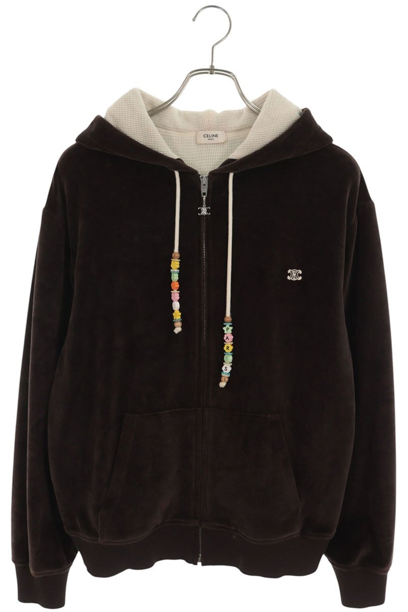 CELINE Triomphe Logo Velvet Zip Hoodie Brown Size M