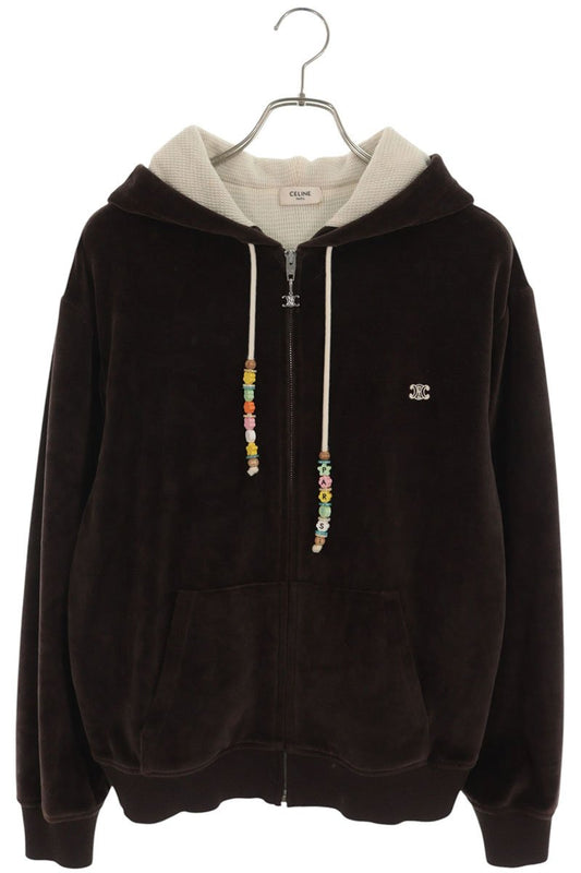CELINE Triomphe Logo Velvet Zip Hoodie Brown Size M