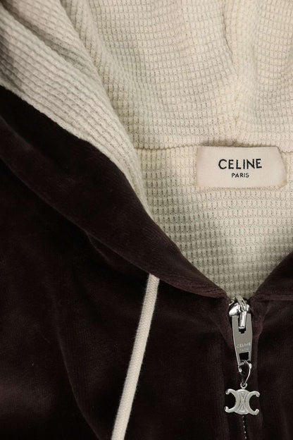 CELINE Triomphe Logo Velvet Zip Hoodie Brown Size M