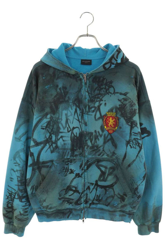 BALENCIAGA Skater Graphic Distressed Hoodie Blue Size XXS