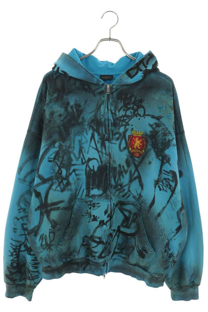 BALENCIAGA Skater Graphic Distressed Zip Hoodie Blue Size L