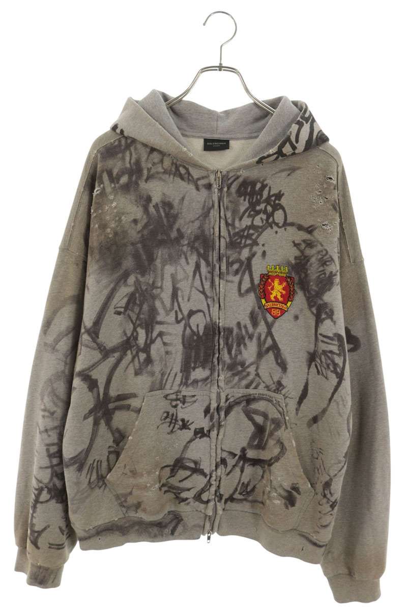 BALENCIAGA Skater Graphic Distressed Hoodie Gray Size S