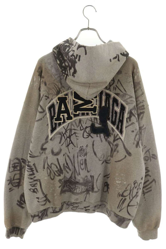 BALENCIAGA Skater Graphic Distressed Hoodie Gray Size S