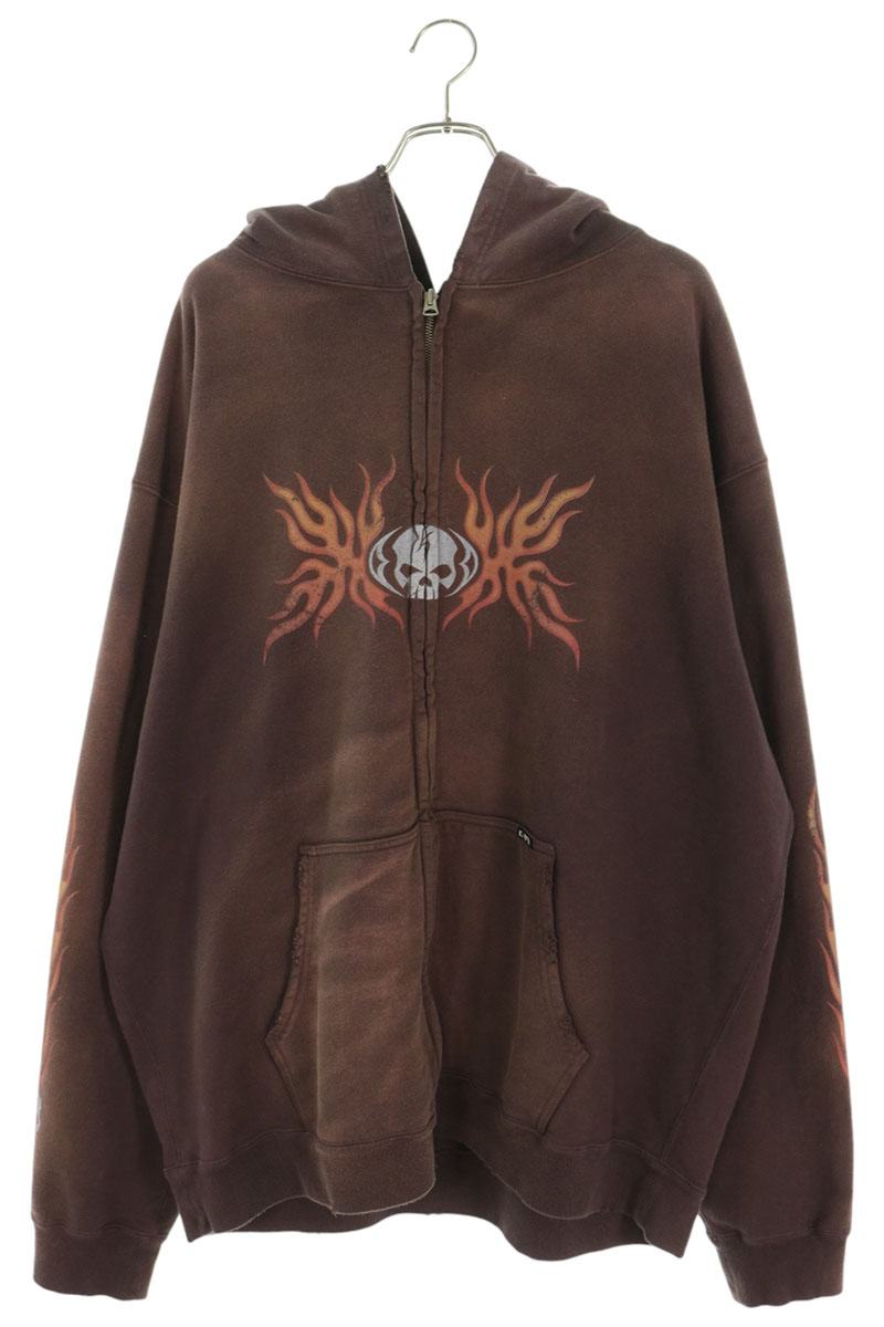 KAMIYA Skull Flame Distressed Zip-up Hoodie Bordeaux Size XL