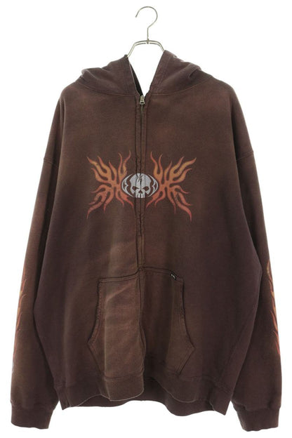 KAMIYA Skull Flame Distressed Zip-up Hoodie Bordeaux Size XL