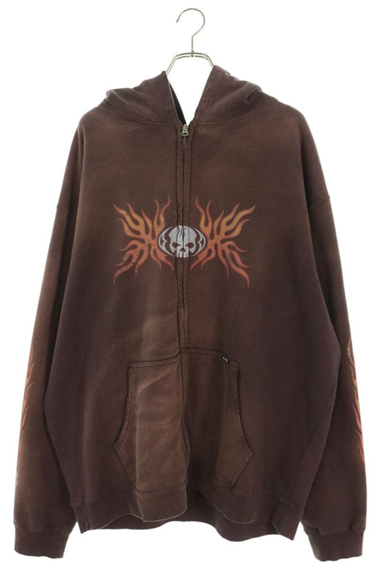 KAMIYA Skull Flame Distressed Zip-up Hoodie Bordeaux Size XL