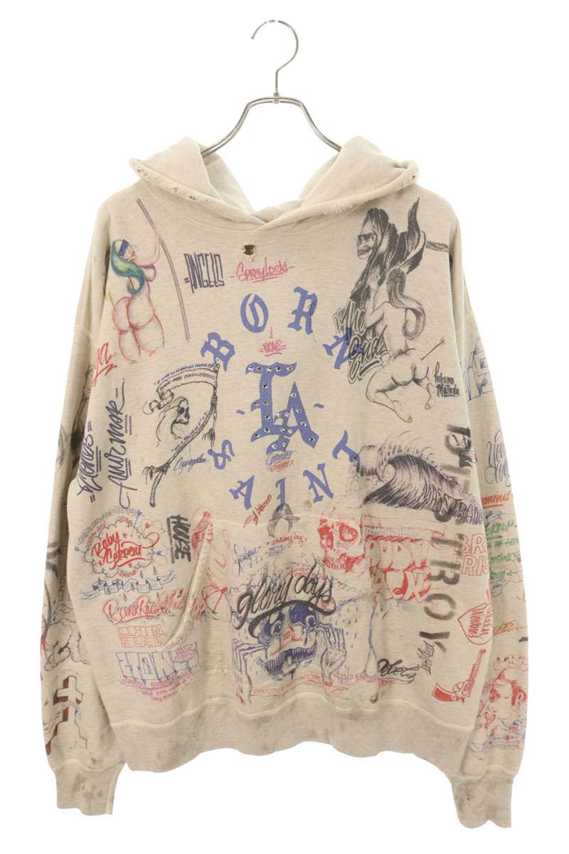 SAINT MICHAEL Front Rhinestone Damaged Hoodie Beige Size XL