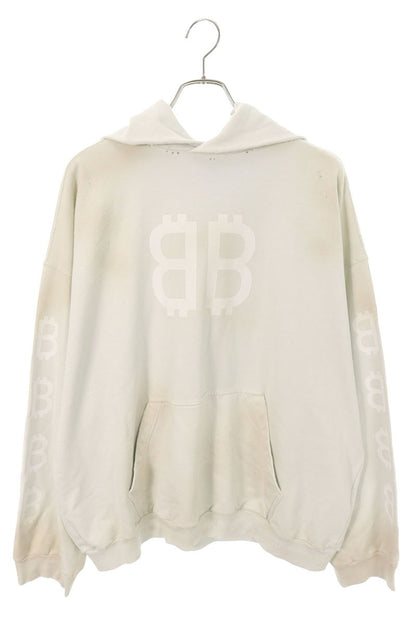 BALENCIAGA Distressed Logo Print Hoodie White Size M
