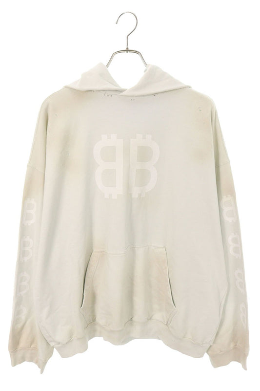 BALENCIAGA Distressed Logo Print Hoodie White Size M