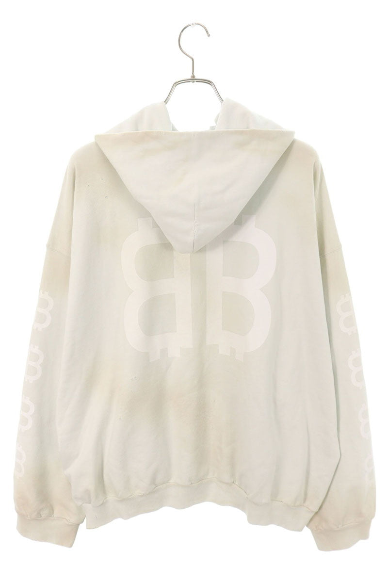 BALENCIAGA Distressed Logo Print Hoodie White Size M