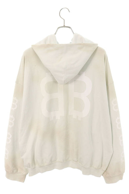 BALENCIAGA Distressed Logo Print Hoodie White Size M