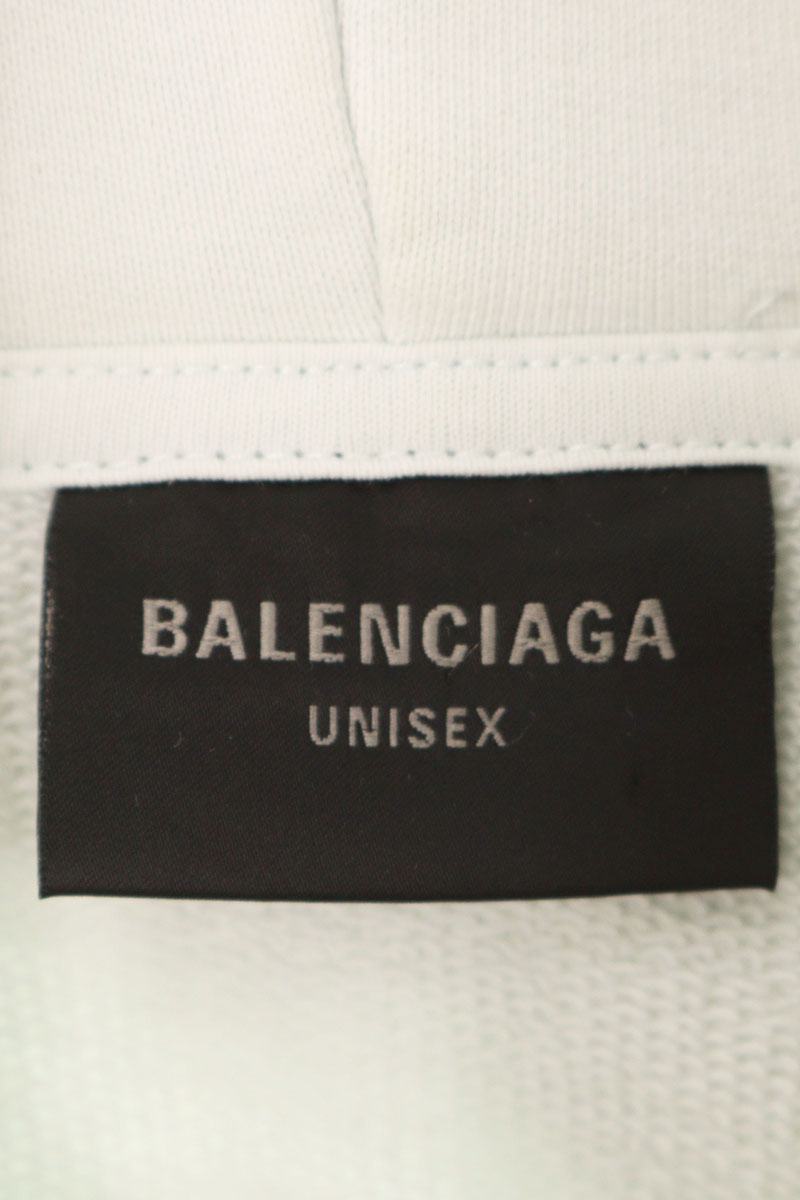 BALENCIAGA Distressed Logo Print Hoodie White Size M