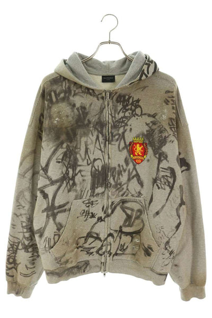 BALENCIAGA Skater Graphic Distressed Zip Hoodie Gray Size XS