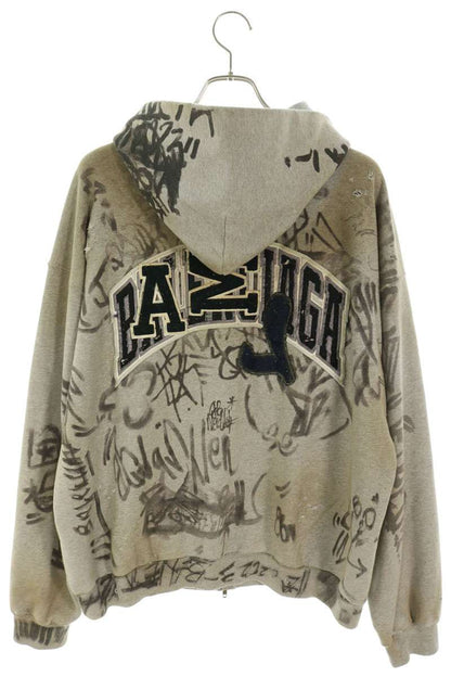 BALENCIAGA Skater Graphic Distressed Zip Hoodie Gray Size XS