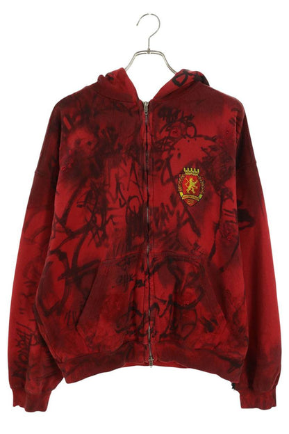 BALENCIAGA Skater Graphic Distressed Zip Hoodie Red Size XS