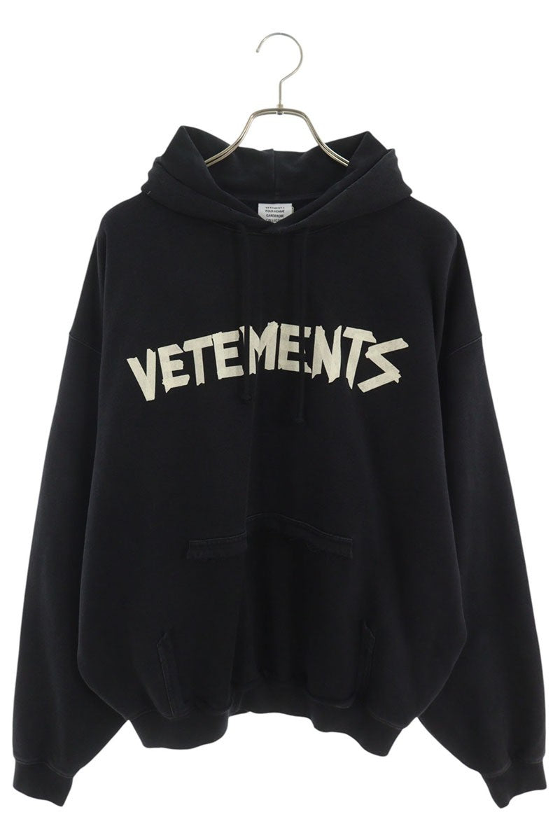 VETEMENTS 26AW Logo Distressed Cotton Hoodie Black Size S