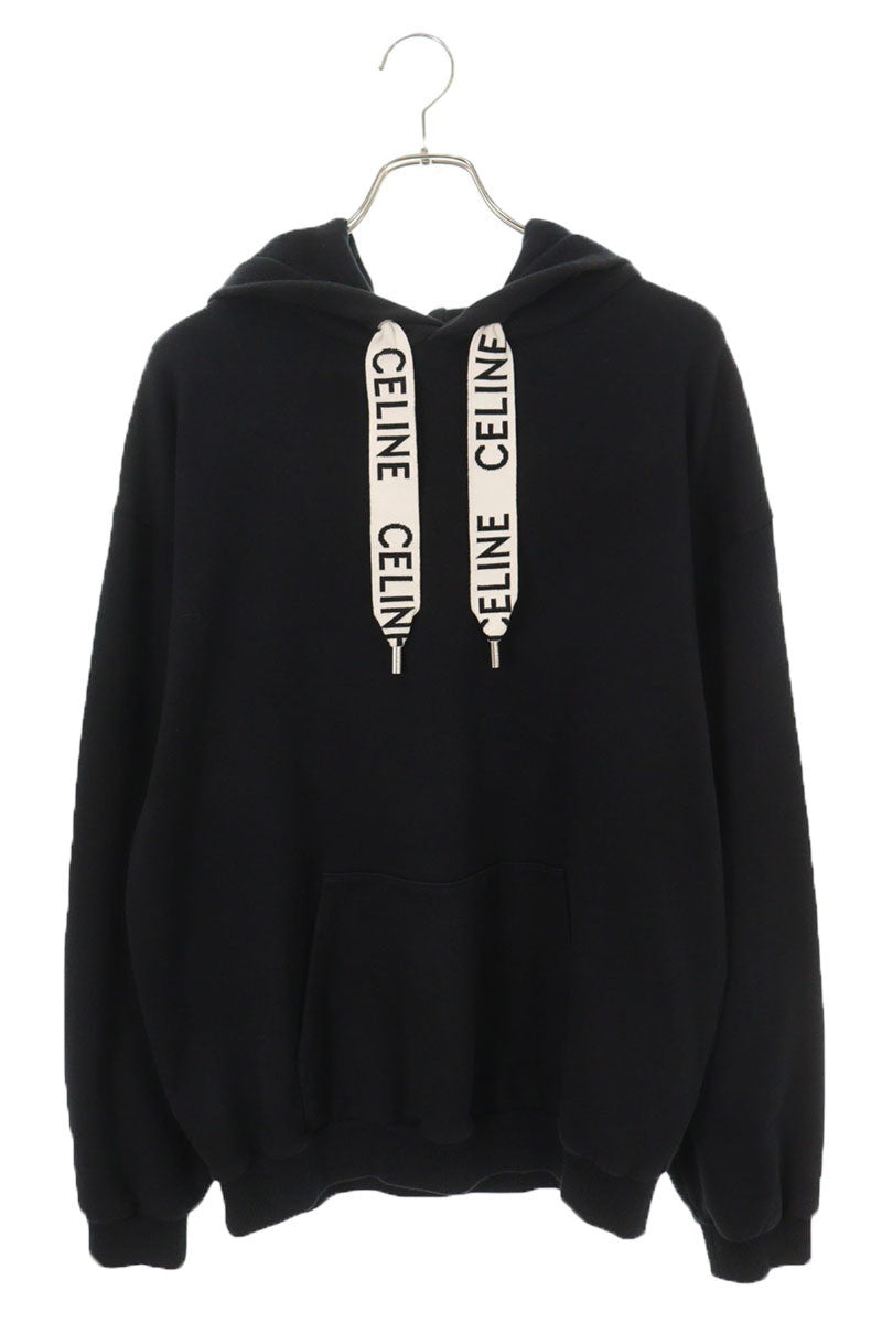 CELINE Black Logo Drawstring Pullover Hoodie Size XL
