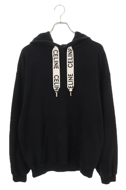 CELINE Black Logo Drawstring Pullover Hoodie Size XL