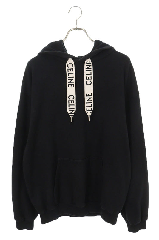 CELINE Black Logo Drawstring Pullover Hoodie Size XL