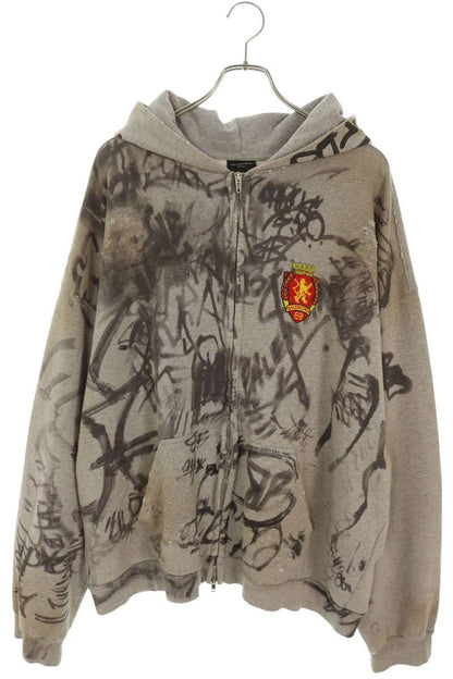 BALENCIAGA Skater Graphic Distressed Zip Hoodie Gray Size XL