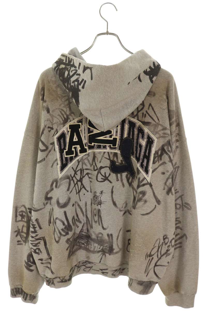 BALENCIAGA Skater Graphic Distressed Zip Hoodie Gray Size XL