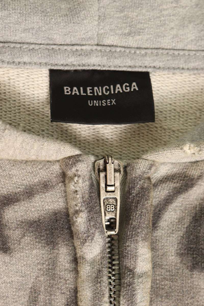 BALENCIAGA Skater Graphic Distressed Zip Hoodie Gray Size XL