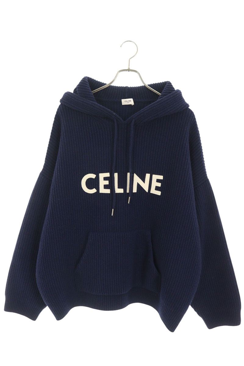 CELINE Logo Patch Knit Hoodie Navy Wool Size L