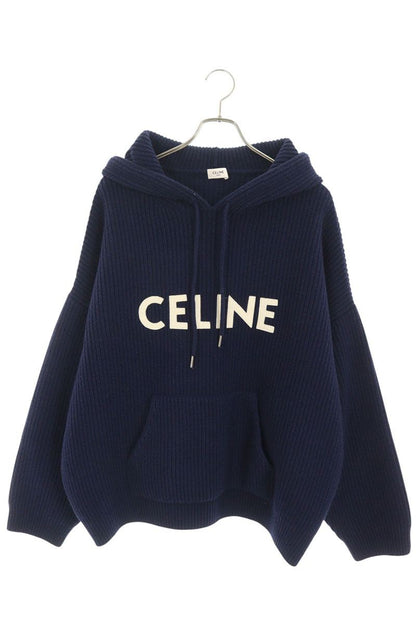CELINE Logo Patch Knit Hoodie Navy Wool Size L