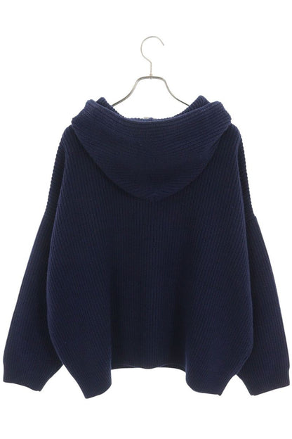 CELINE Logo Patch Knit Hoodie Navy Wool Size L