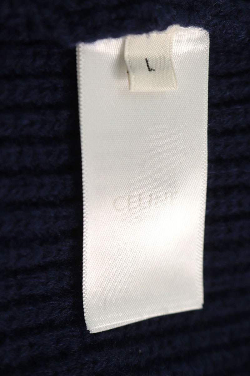 CELINE Logo Patch Knit Hoodie Navy Wool Size L