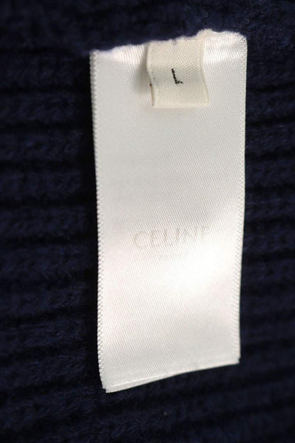 CELINE Logo Patch Knit Hoodie Navy Wool Size L