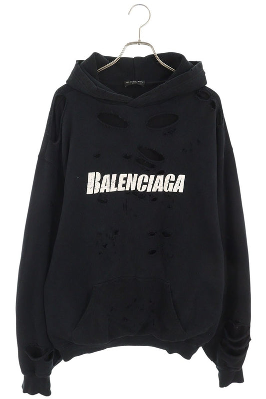 BALENCIAGA Destroyed Logo Fleece Hoodie Black Size XS