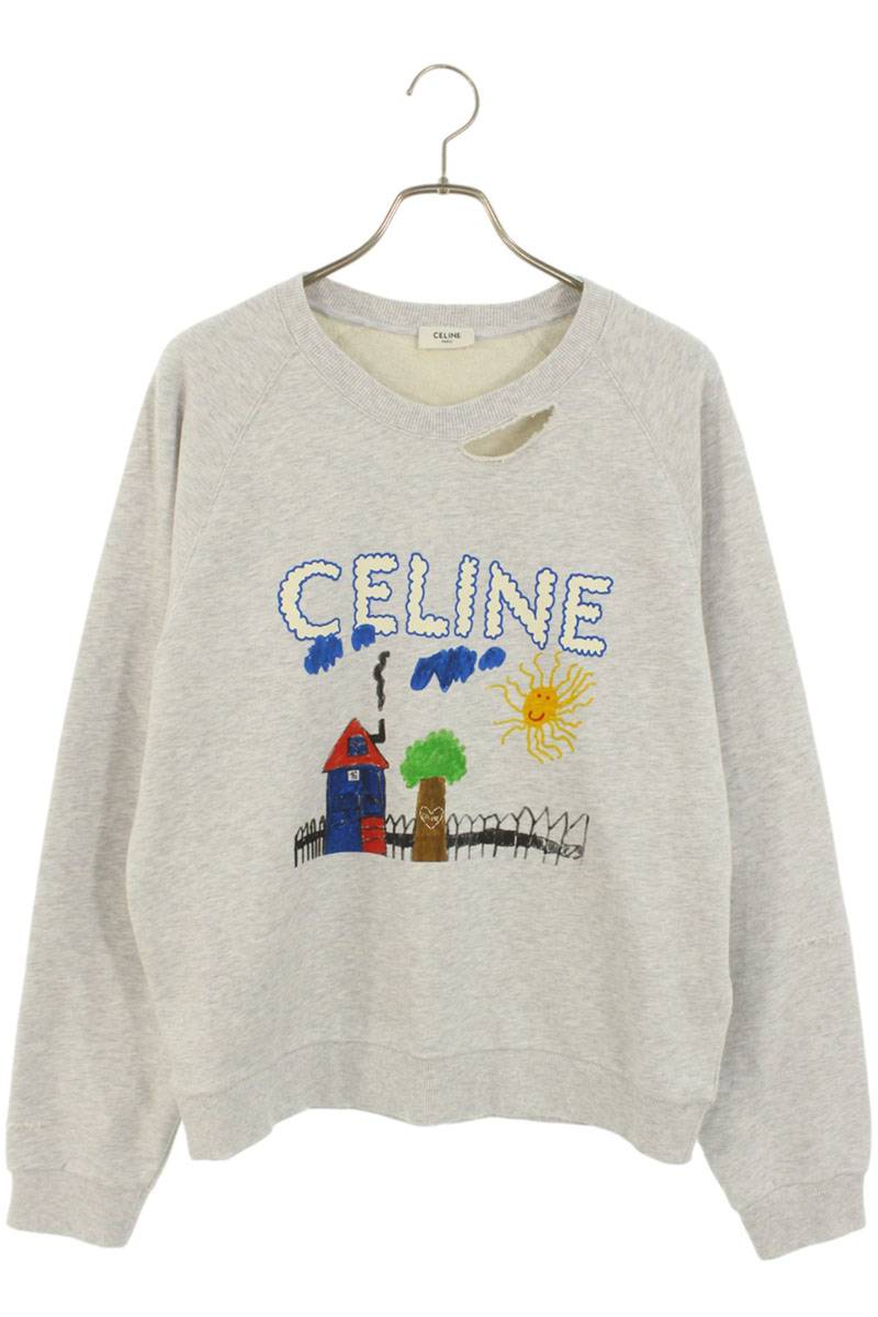 CELINE 25AW Logo Paint Distressed Sweatshirt Gray Size L
