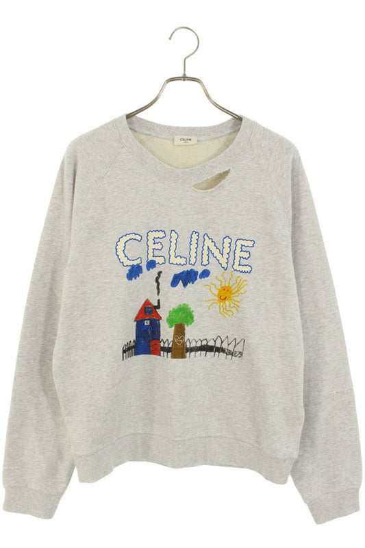 CELINE 25AW Logo Paint Distressed Sweatshirt Gray Size L