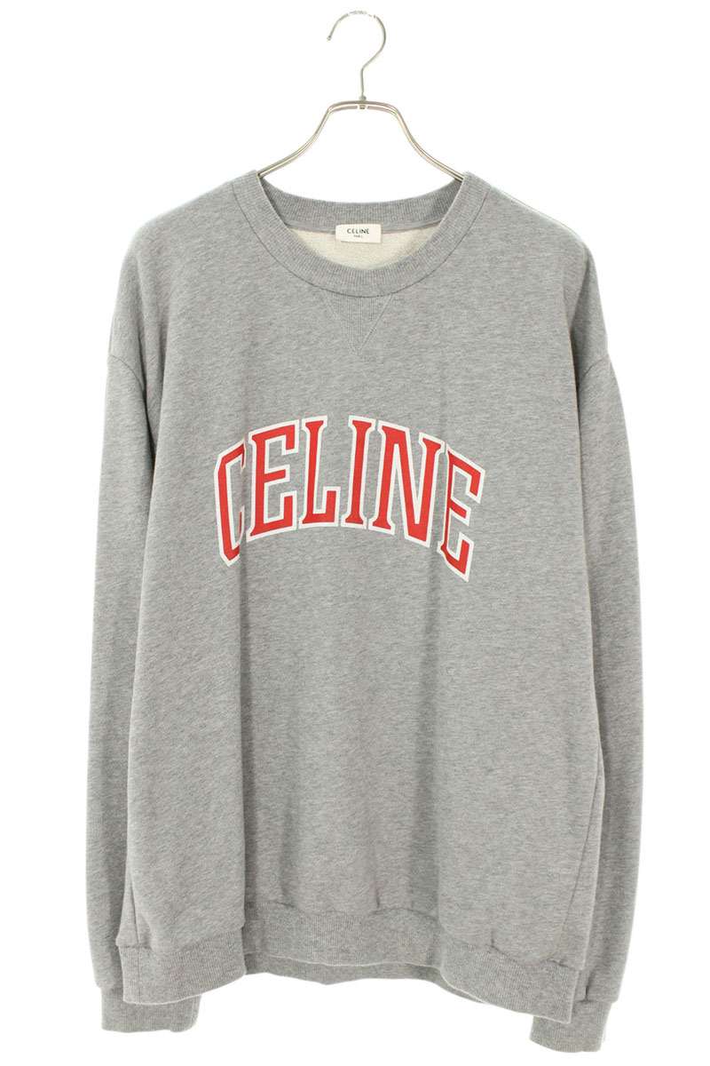 CELINE Logo Print Cotton Crewneck Sweatshirt Gray Size XL