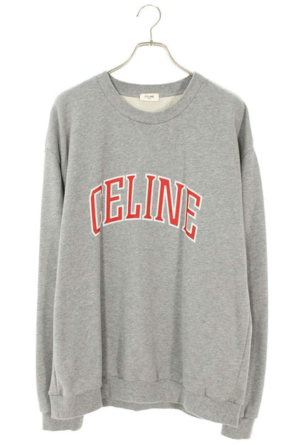 CELINE Logo Print Cotton Crewneck Sweatshirt Gray Size XL