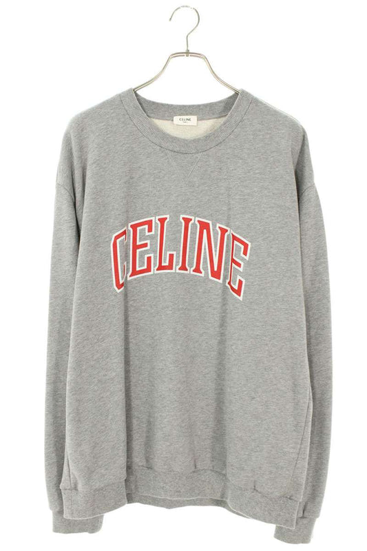 CELINE Logo Print Cotton Crewneck Sweatshirt Gray Size XL