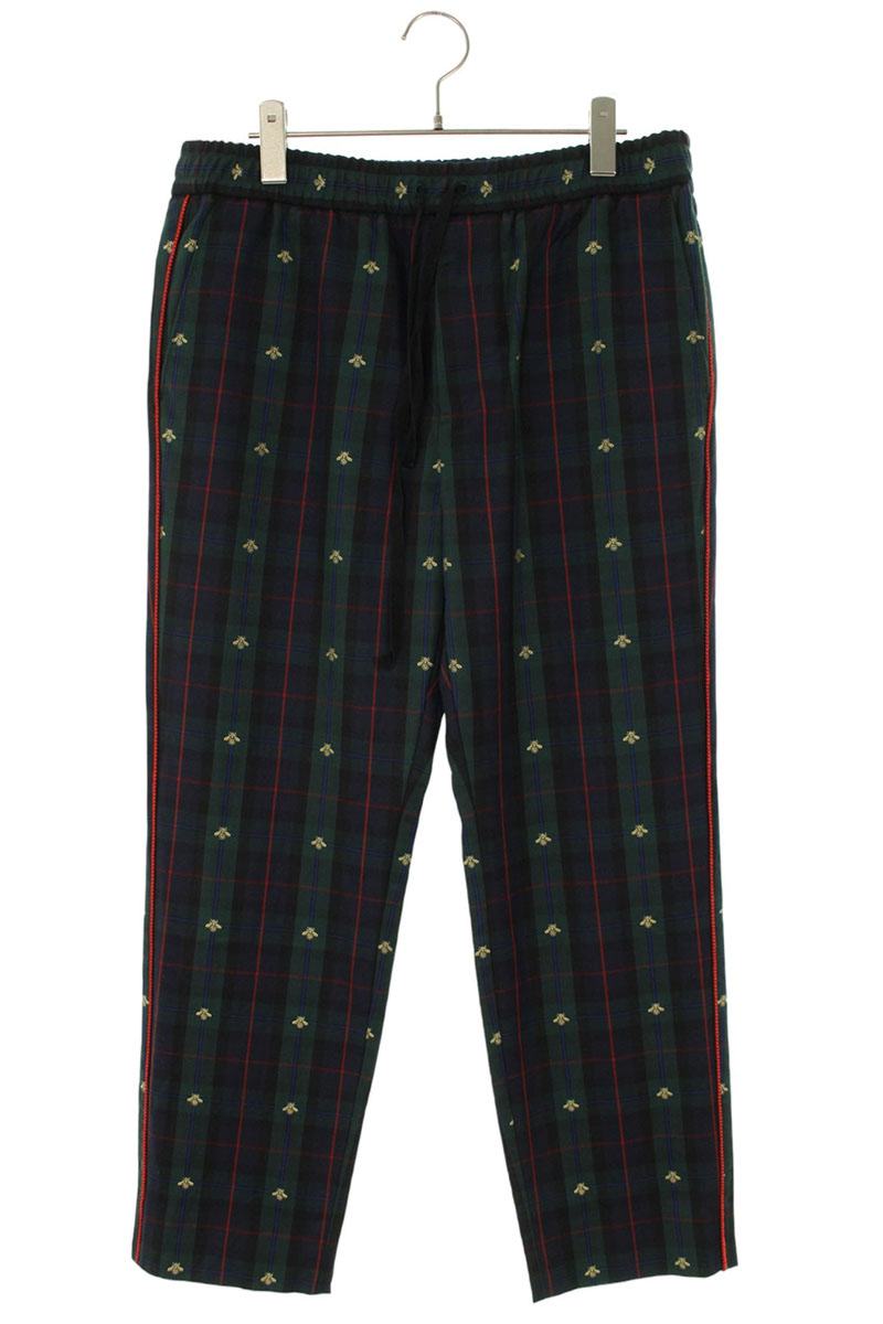 GUCCI Bee Embroidery Check Wool Slacks Green Size 33
