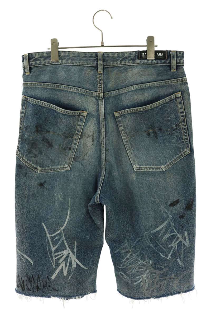 BALENCIAGA Baggy Graffiti Denim Shorts Blue Size XS