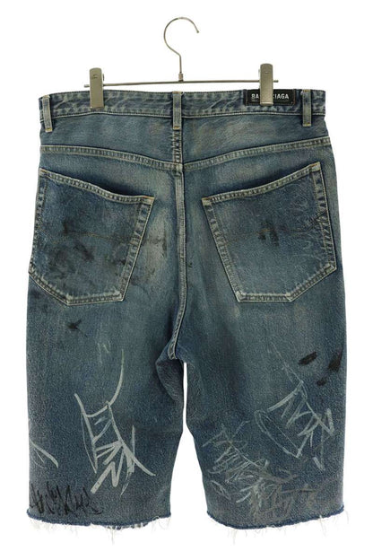 BALENCIAGA Baggy Graffiti Denim Shorts Blue Size XS