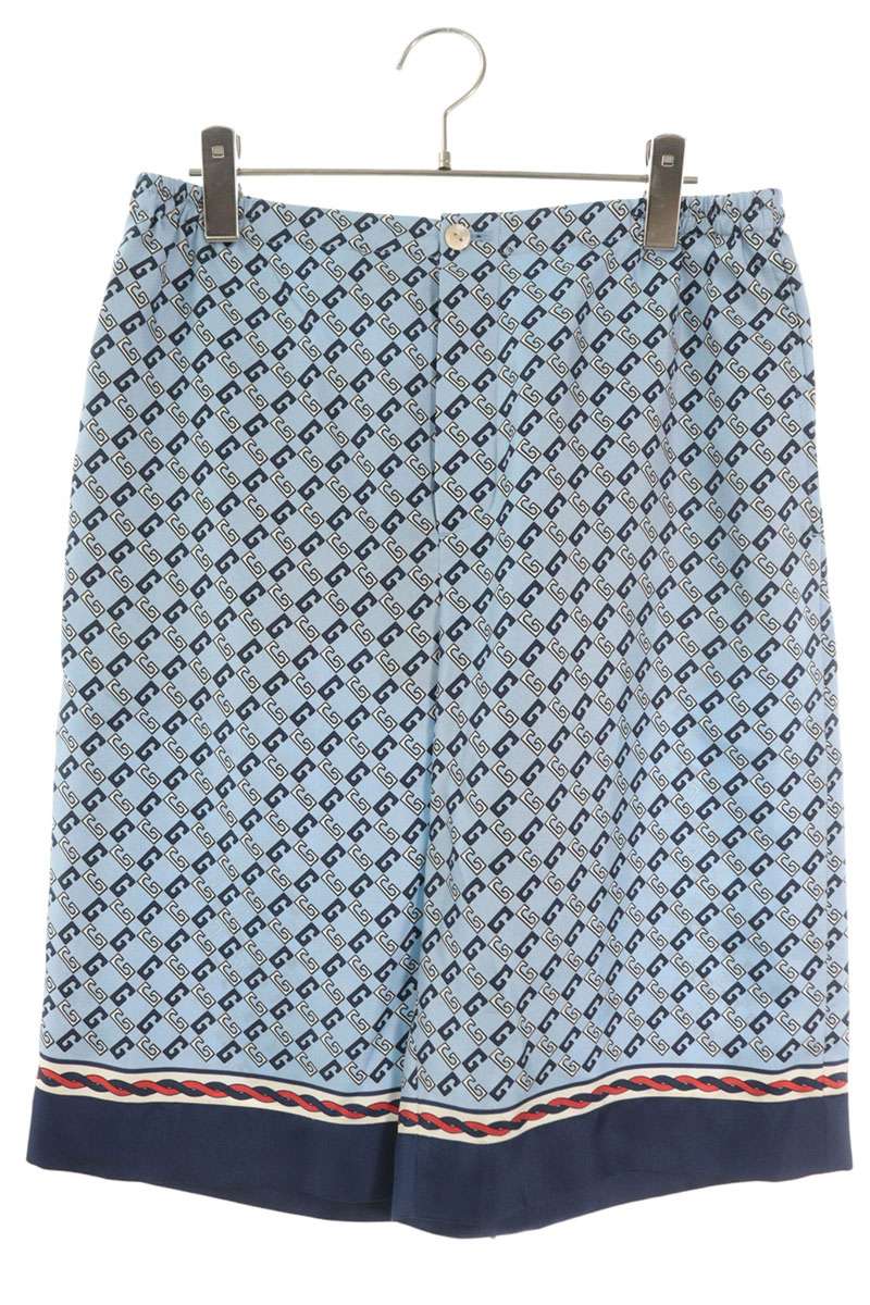GUCCI All-Over Logo Print Silk Shorts Blue Size 46