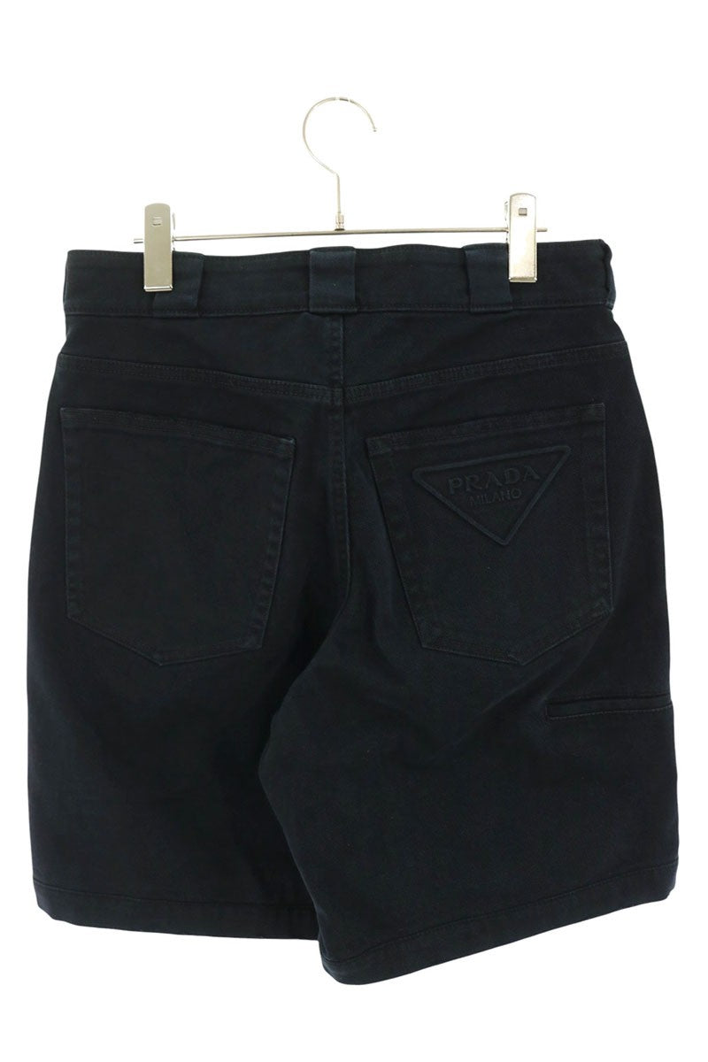 PRADA Triangle Logo Embossed Denim Shorts Black Size 44