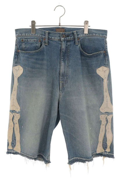 KAPITAL Bone Embroidered Denim Shorts Indigo Blue Size 36