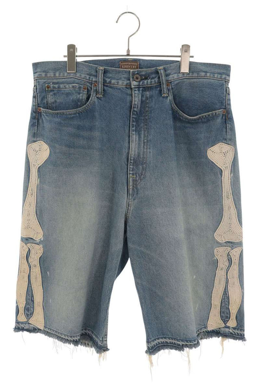 KAPITAL Bone Embroidered Denim Shorts Indigo Blue Size 36